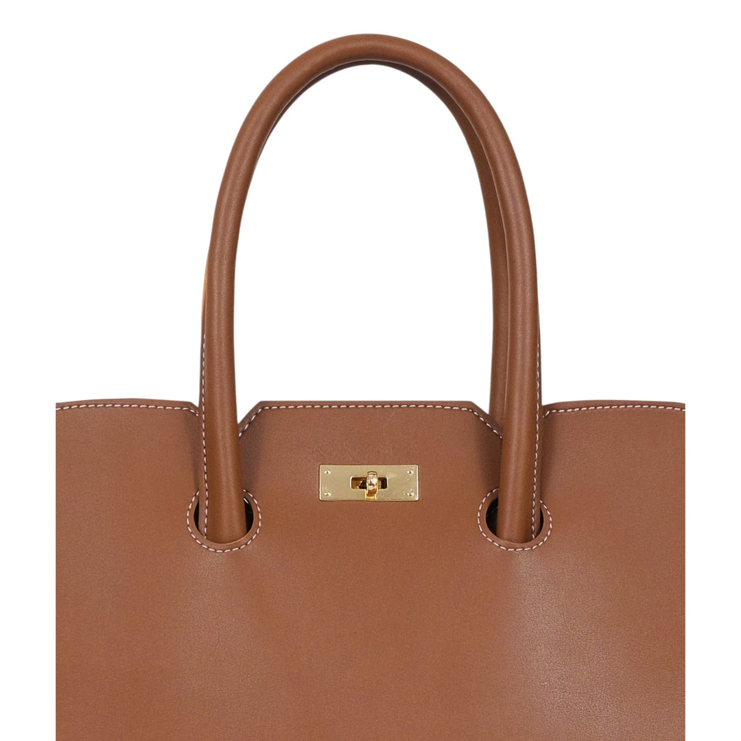 Brown Faux Leather Tote Bag With Multiple Compartments
