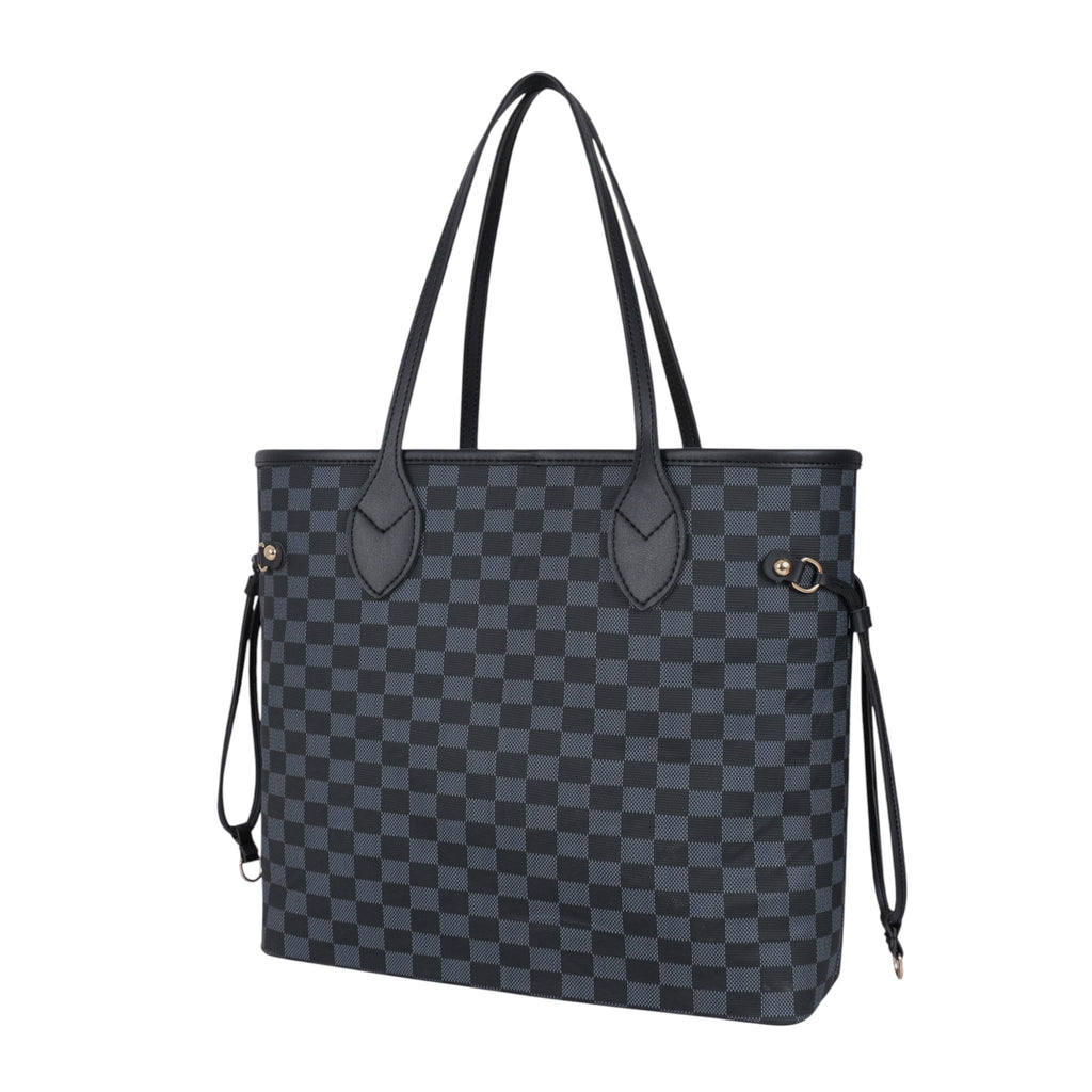 Luxe Crush Black Checkered Never full Tote Bag With Zipper Pocket