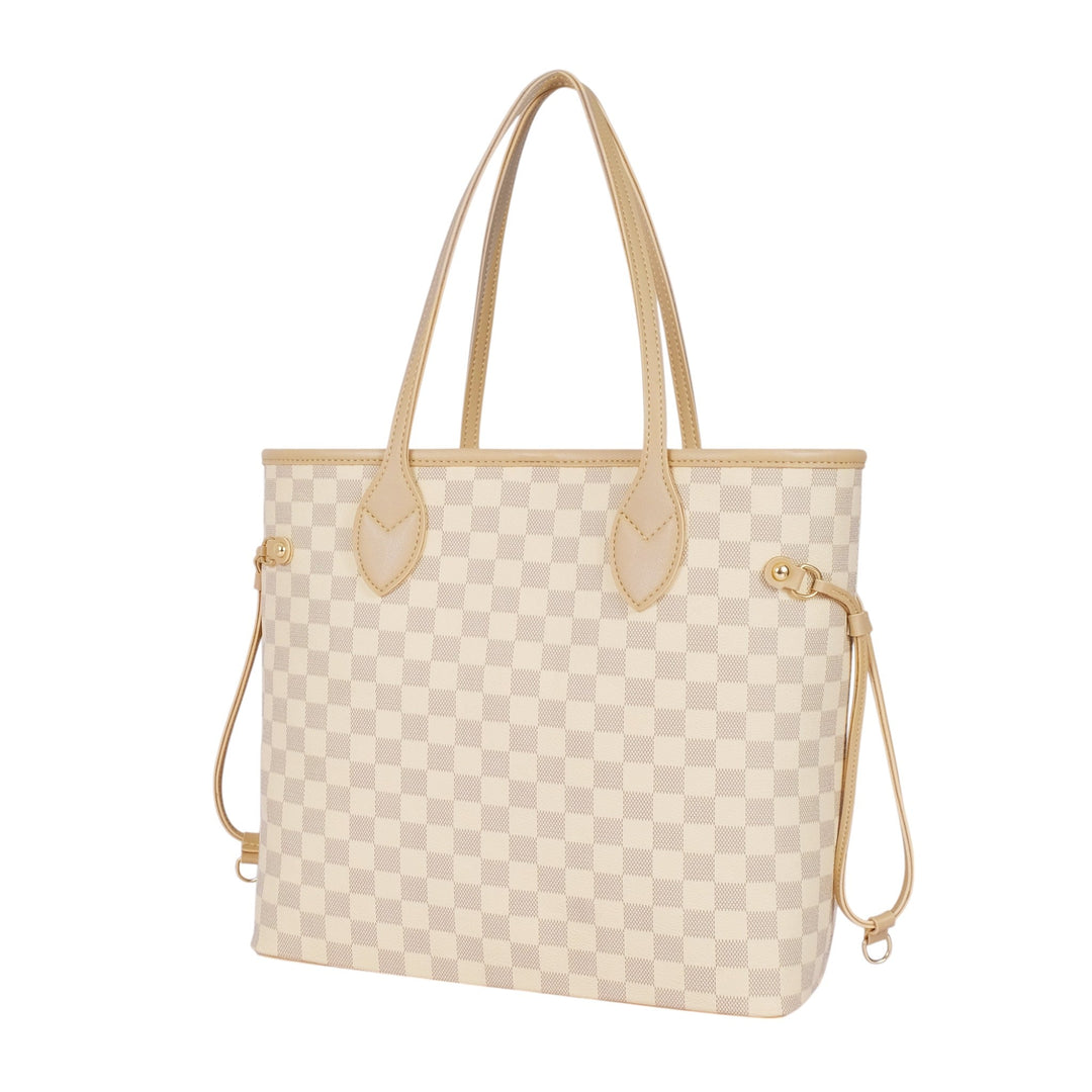 Beige Checkered Never full Tote Bag Zipper Pocket
