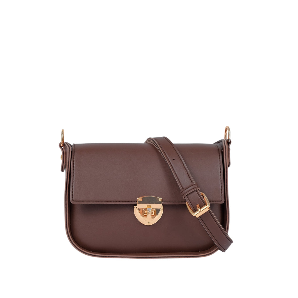 Luxe Crush Brown Faux Leather Saddle Bag With Twist Lock