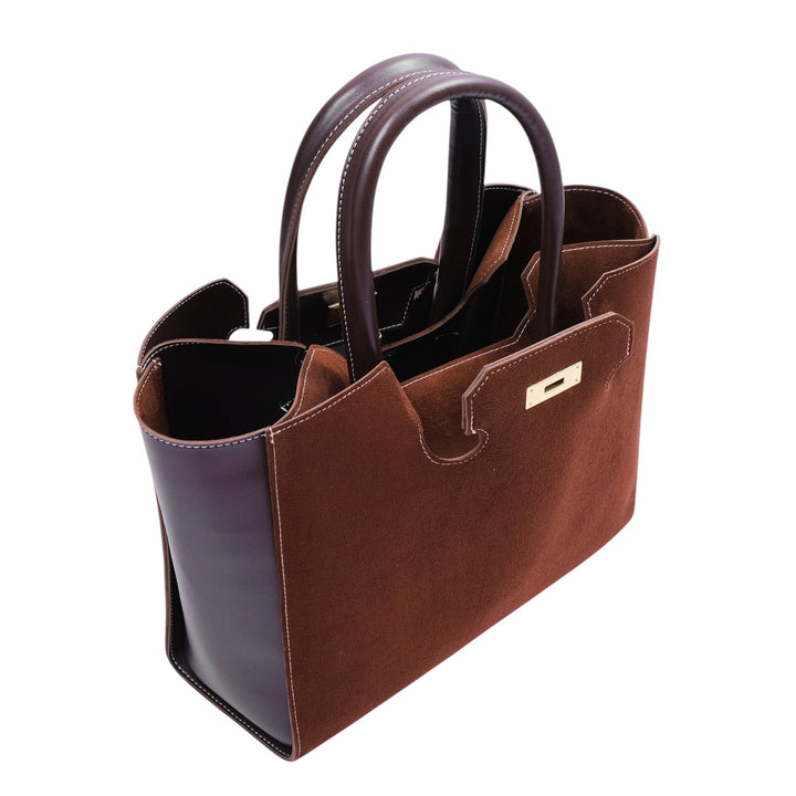 Dark Brown Faux Leather Suede Tote Bag With Multiple Compartments