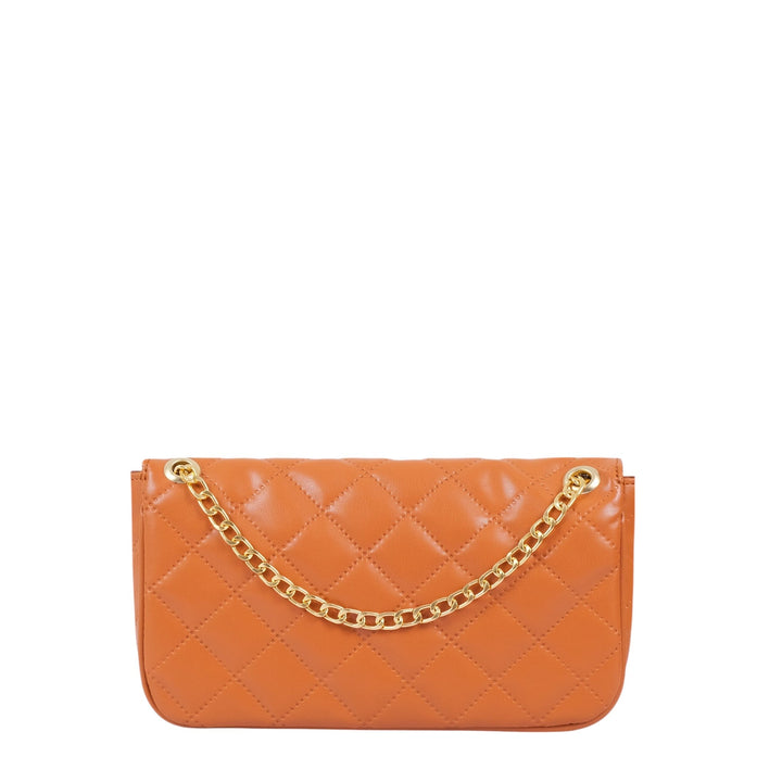 Faux Leather Orange Small Shoulder Bag With Long Chain Handle