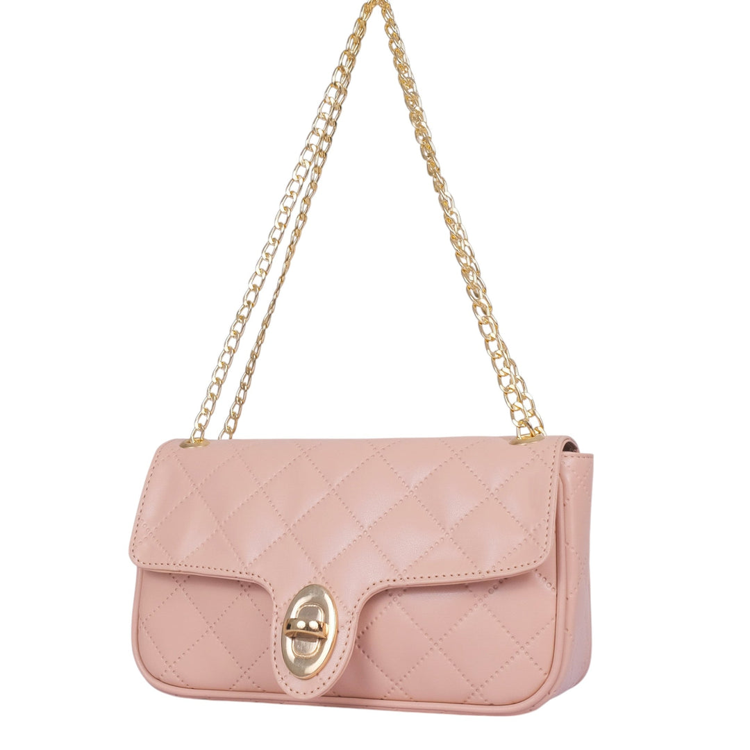 Baby Pink Quilted Small Shoulder Bag With Long Chain Handle