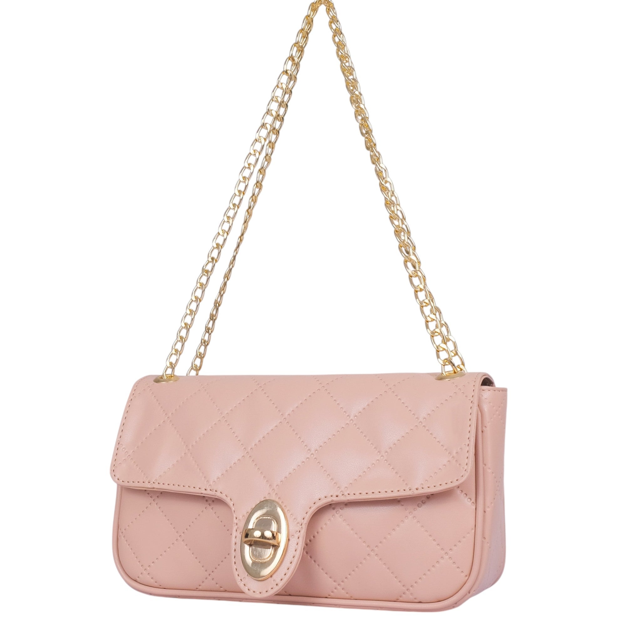 Luxe Crush Baby Pink Quilted Small Shoulder Bag With Long Chain Handle