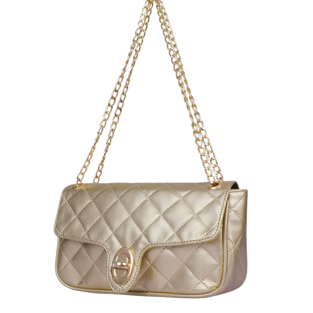 Golden Quilted Small Shoulder Bag With Long Chain Handle