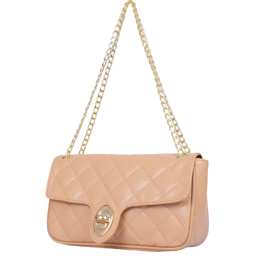 Beige Quilted Small Shoulder Bag With Chain