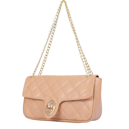 Beige Faux Leather Quilted Small Shoulder Bag With Chain