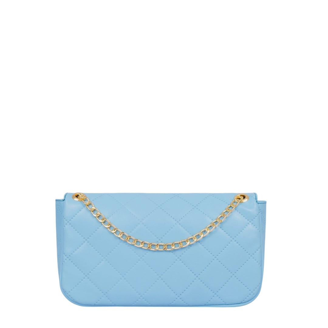 Sky Blue Faux Leather Quilted Shoulder Bag With Long Chain Handle