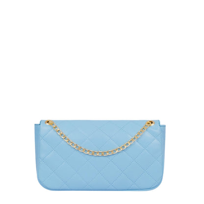 Sky Blue Faux Leather Quilted Shoulder Bag With Long Chain Handle