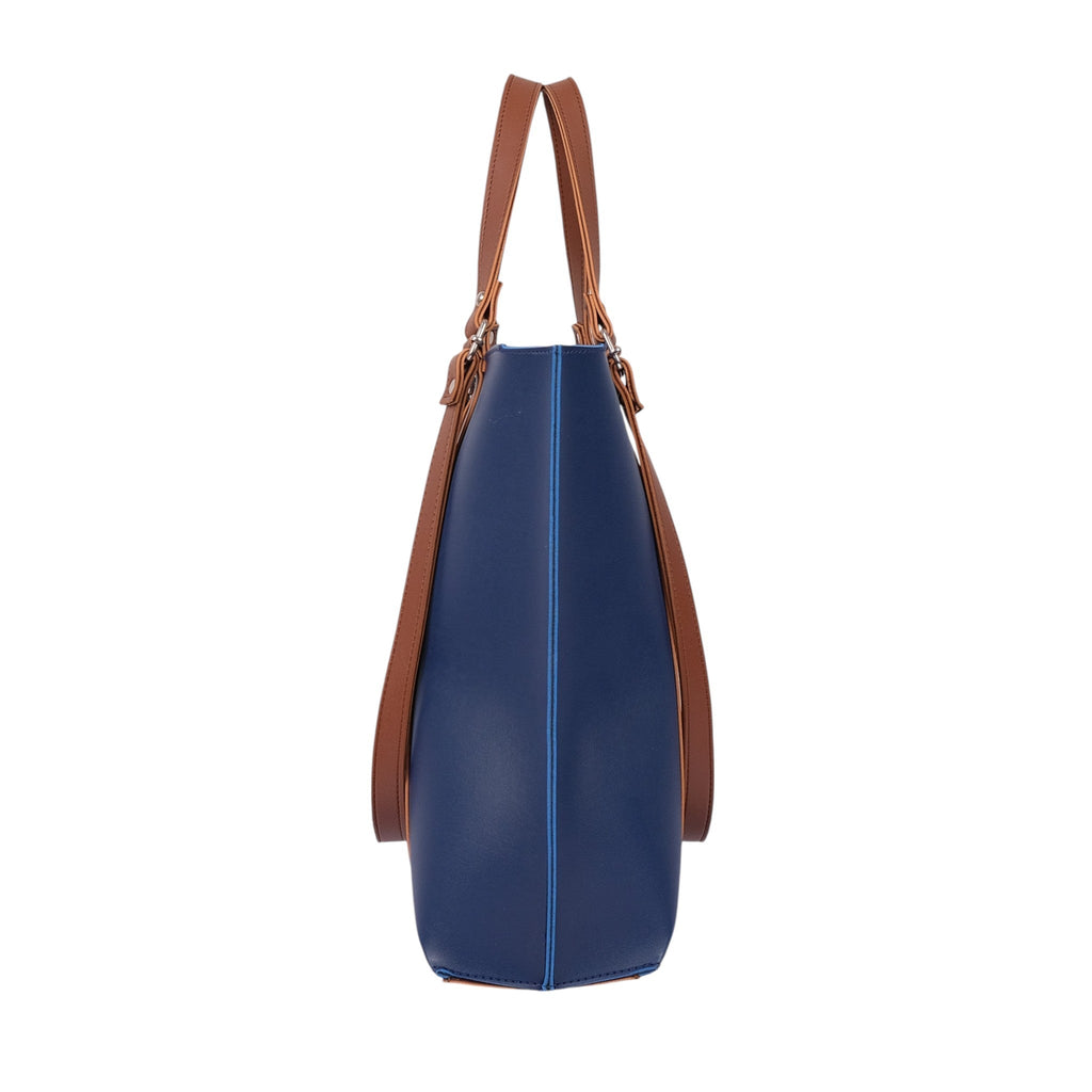 Luxe Crush Blue Faux Leather With Brown Double-Handle Tote Bag