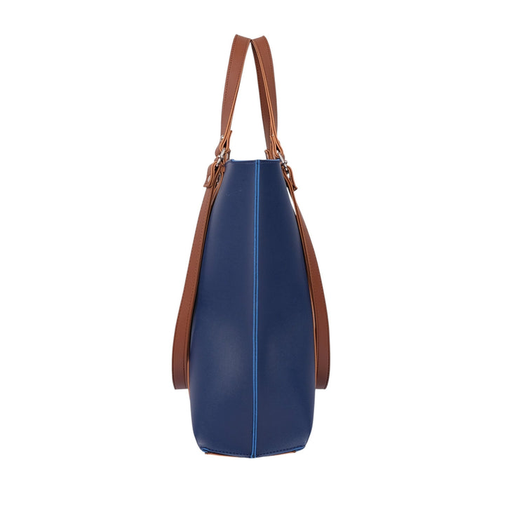 Blue Faux Leather With Brown Double-Handle Tote Bag