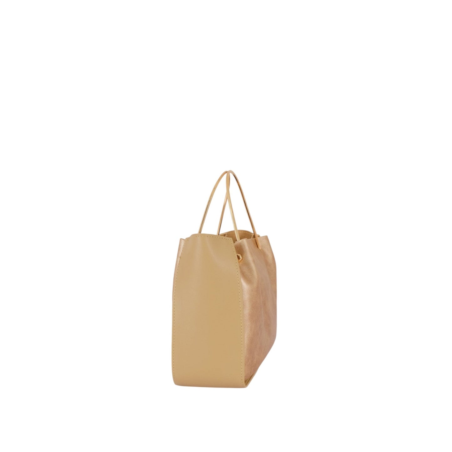 Beige Metallic Handle Shoulder Bag With Zippered Pocket