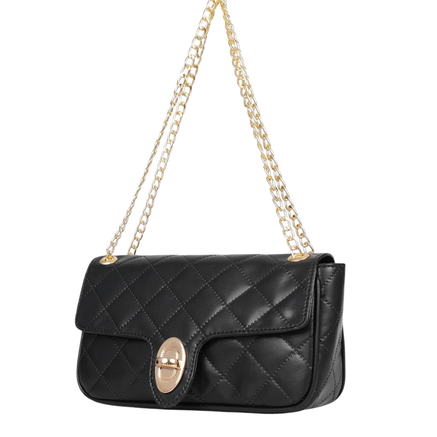 Black Faux Leather Quilted Small Shoulder Bag With Chain