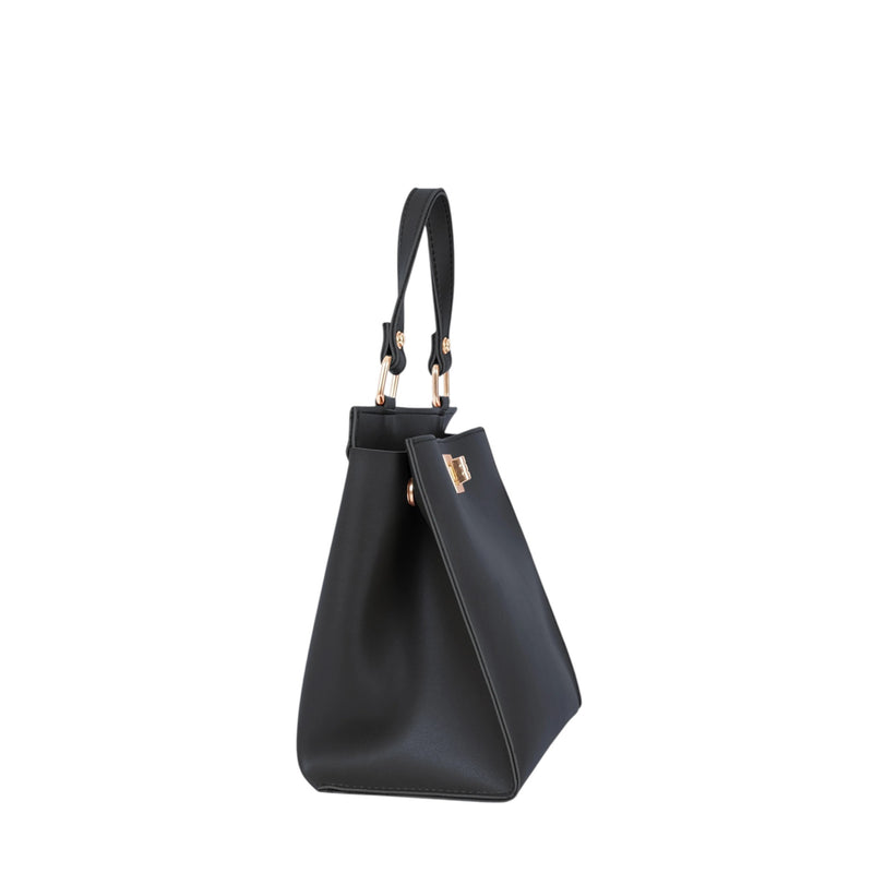 Women's Black Faux Leather Top-Handle Mini Bag with Twist-Lock Closure