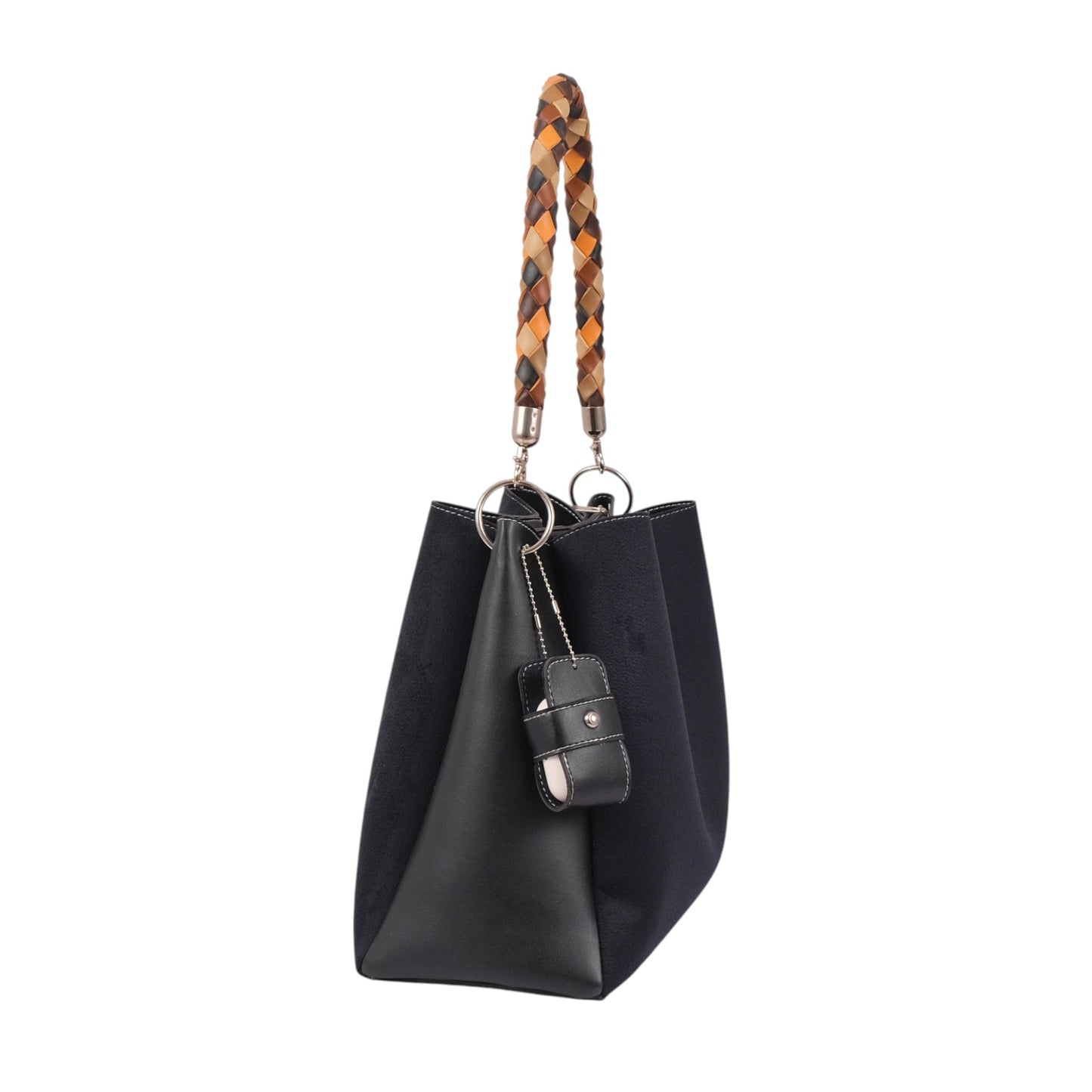 Black Faux Leather Handbag with Colorful Braided Handle