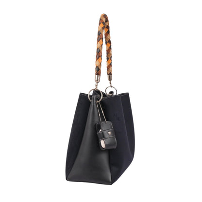 Black Faux Leather Handbag with Colorful Braided Handle