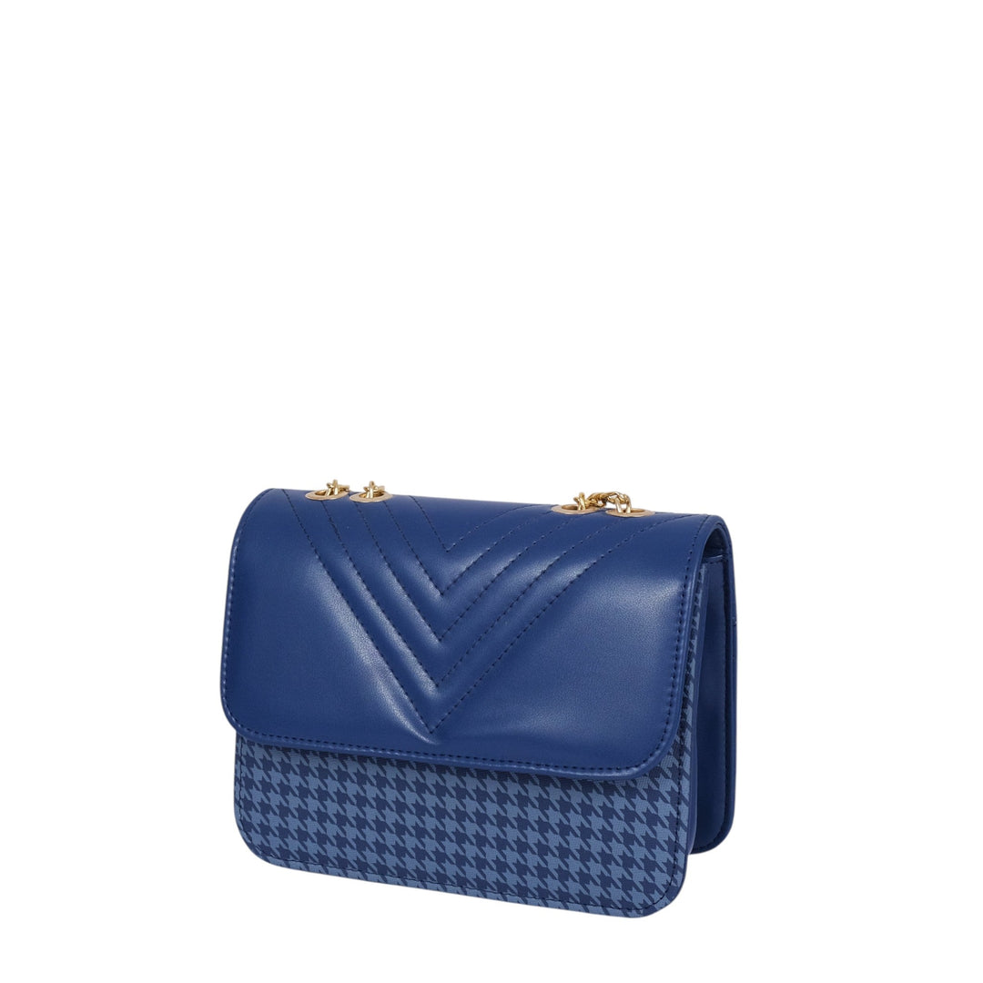 Blue Faux Leather Houndstooth Chain Cross-Body Bag