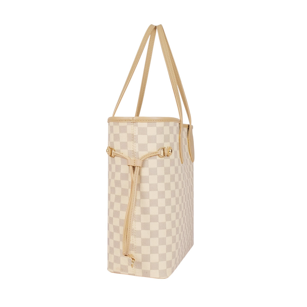 Luxe Crush Beige Checkered Never full Tote Bag Zipper Pocket
