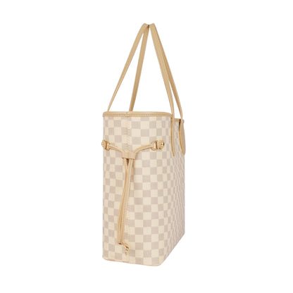 Beige Checkered Never full Tote Bag Zipper Pocket