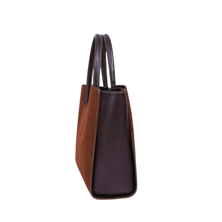 Dark Brown Faux Leather Suede Tote Bag With Multiple Compartments