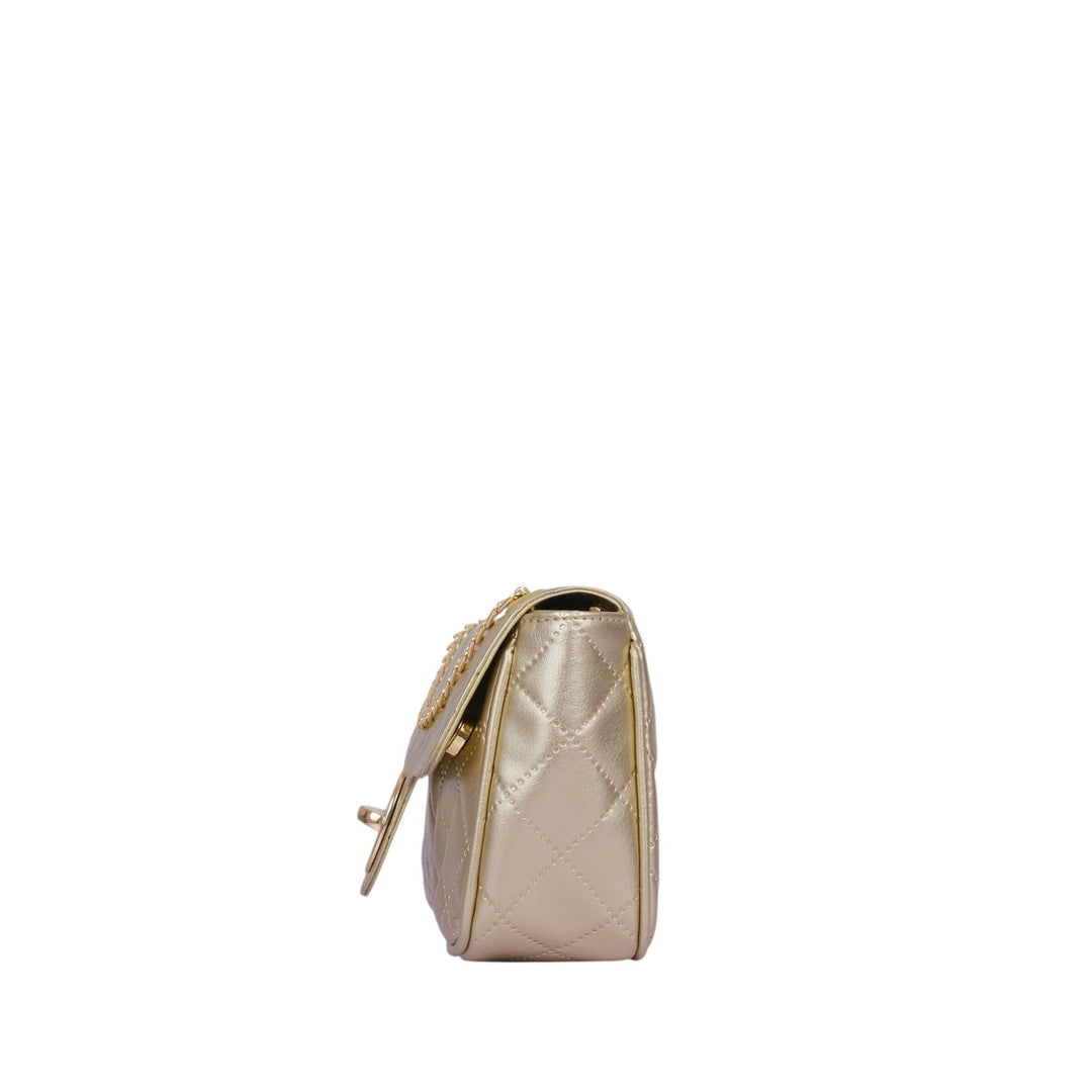 Golden Quilted Small Shoulder Bag With Long Chain Handle