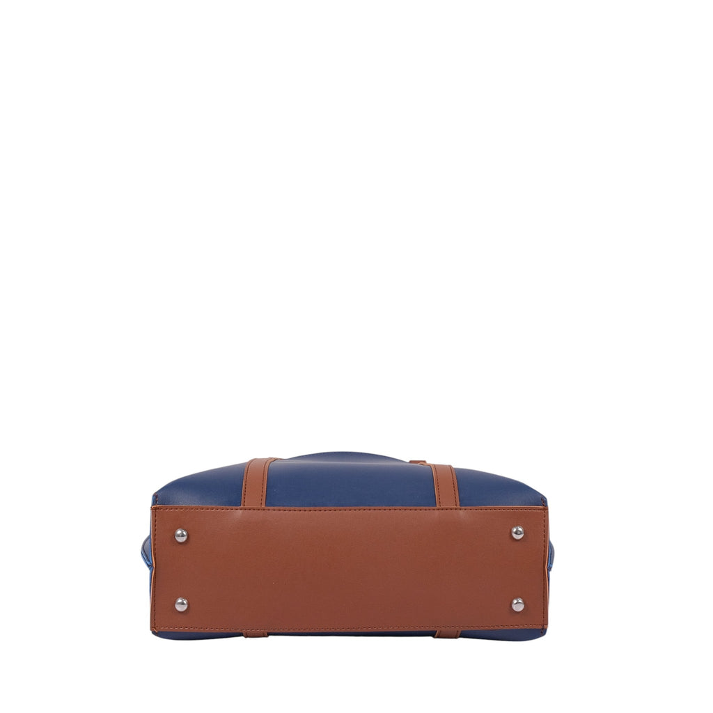 Luxe Crush Blue Faux Leather With Brown Double-Handle Tote Bag