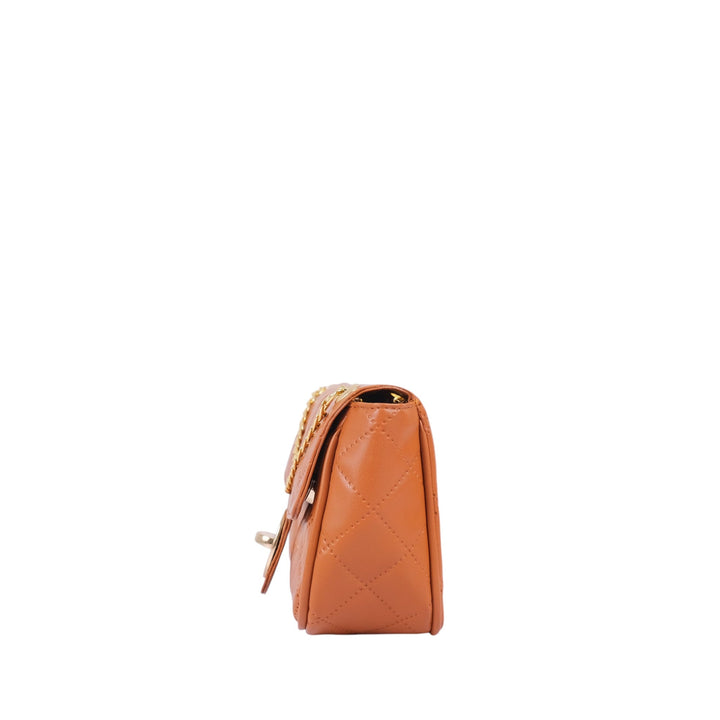 Faux Leather Orange Small Shoulder Bag With Long Chain Handle