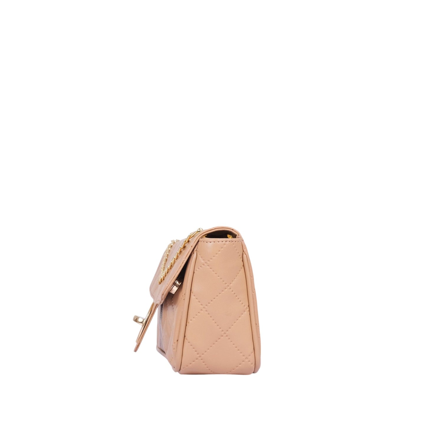 Beige Faux Leather Quilted Small Shoulder Bag With Chain