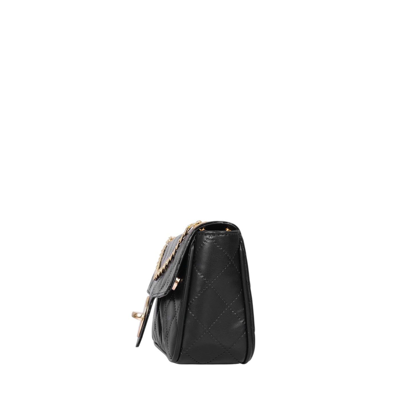 Black Faux Leather Quilted Small Shoulder Bag With Chain