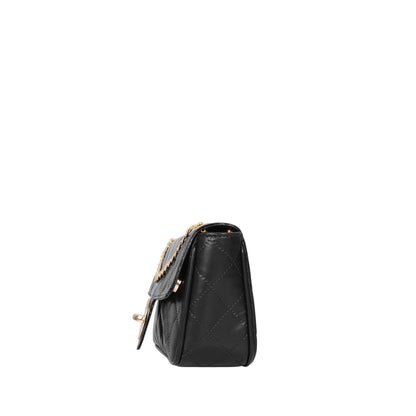 Black Faux Leather Quilted Small Shoulder Bag With Chain