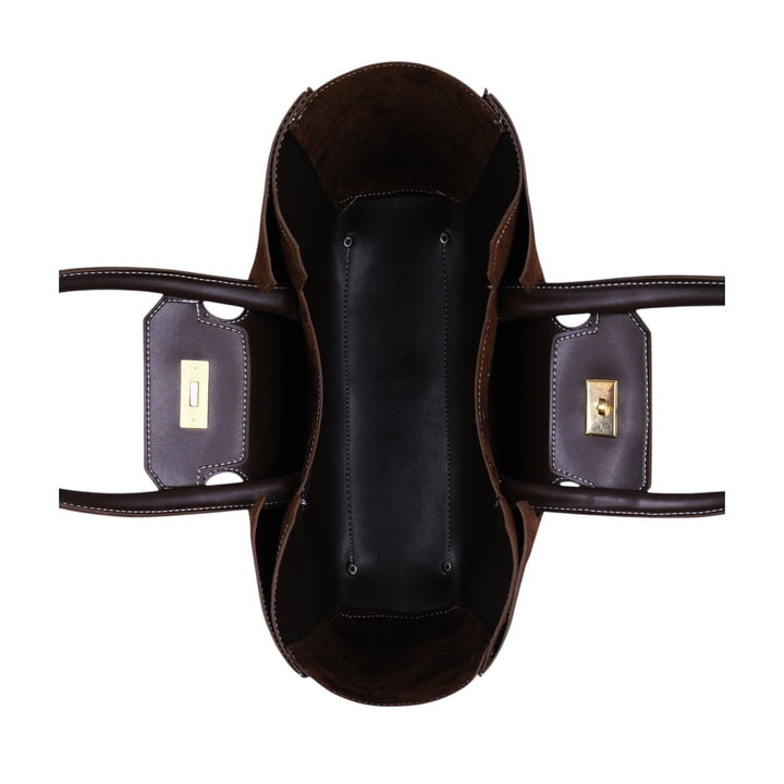 Dark Brown Faux Leather Suede Tote Bag With Multiple Compartments