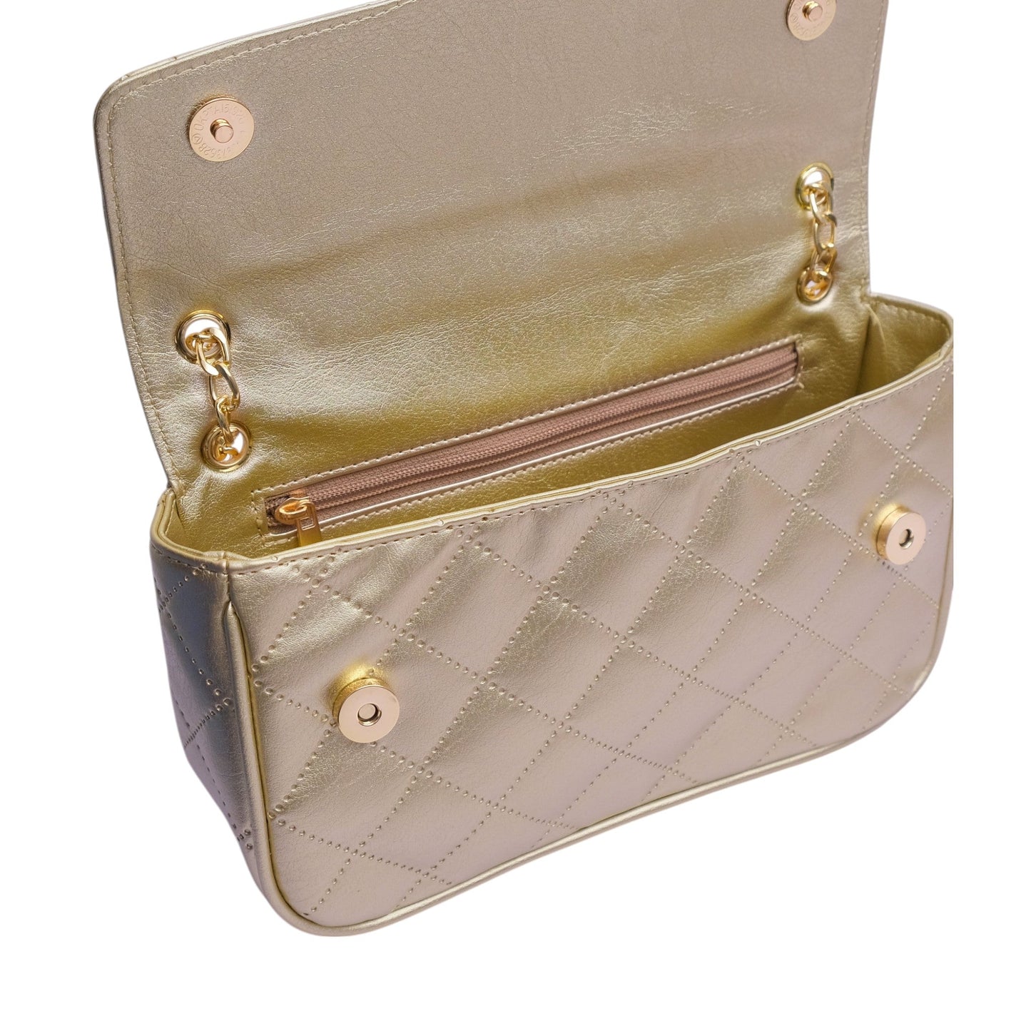 Golden Quilted Small Shoulder Bag With Long Chain Handle