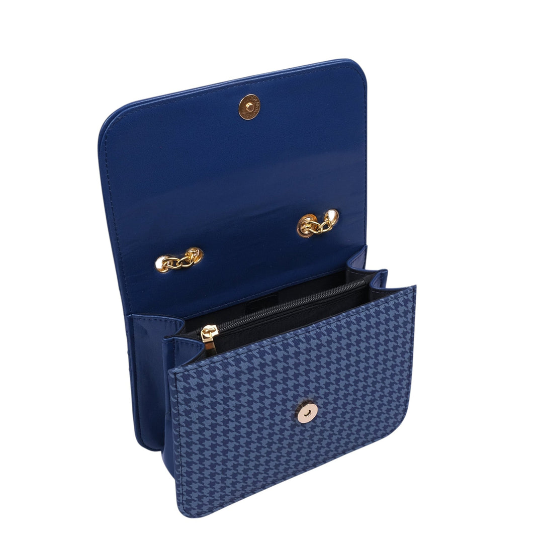 Blue Faux Leather Houndstooth Chain Cross-Body Bag