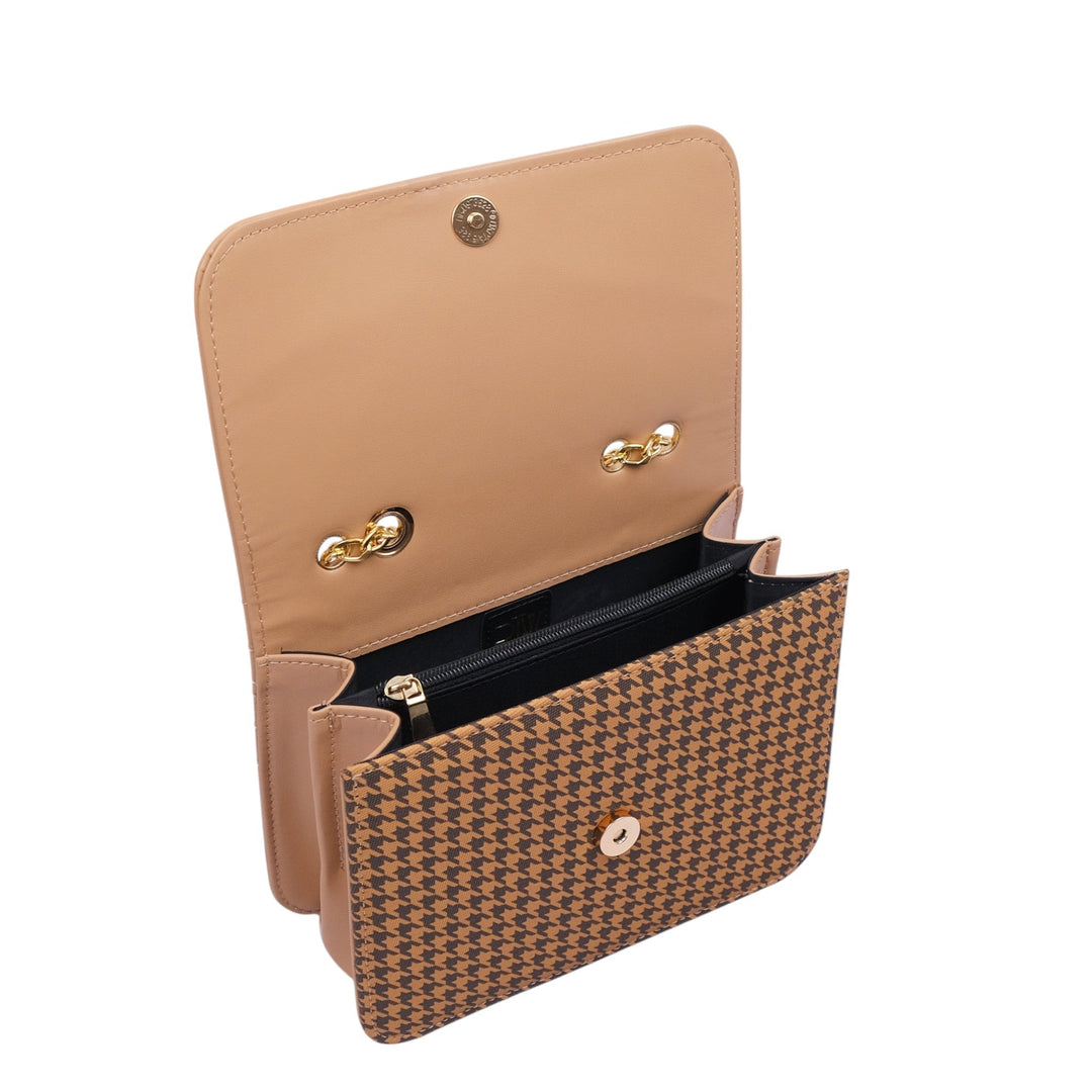 Beige Faux Leather Houndstooth Chain Cross-Body Bag