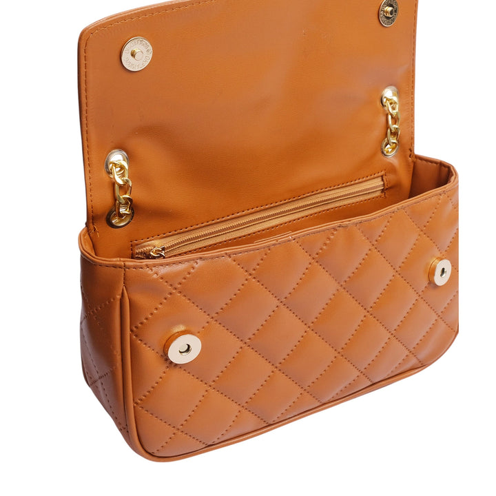 Faux Leather Orange Small Shoulder Bag With Long Chain Handle