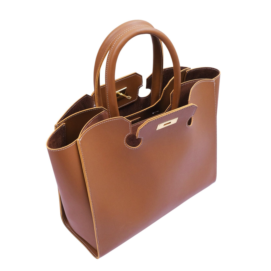 Brown Faux Leather Tote Bag With Multiple Compartments