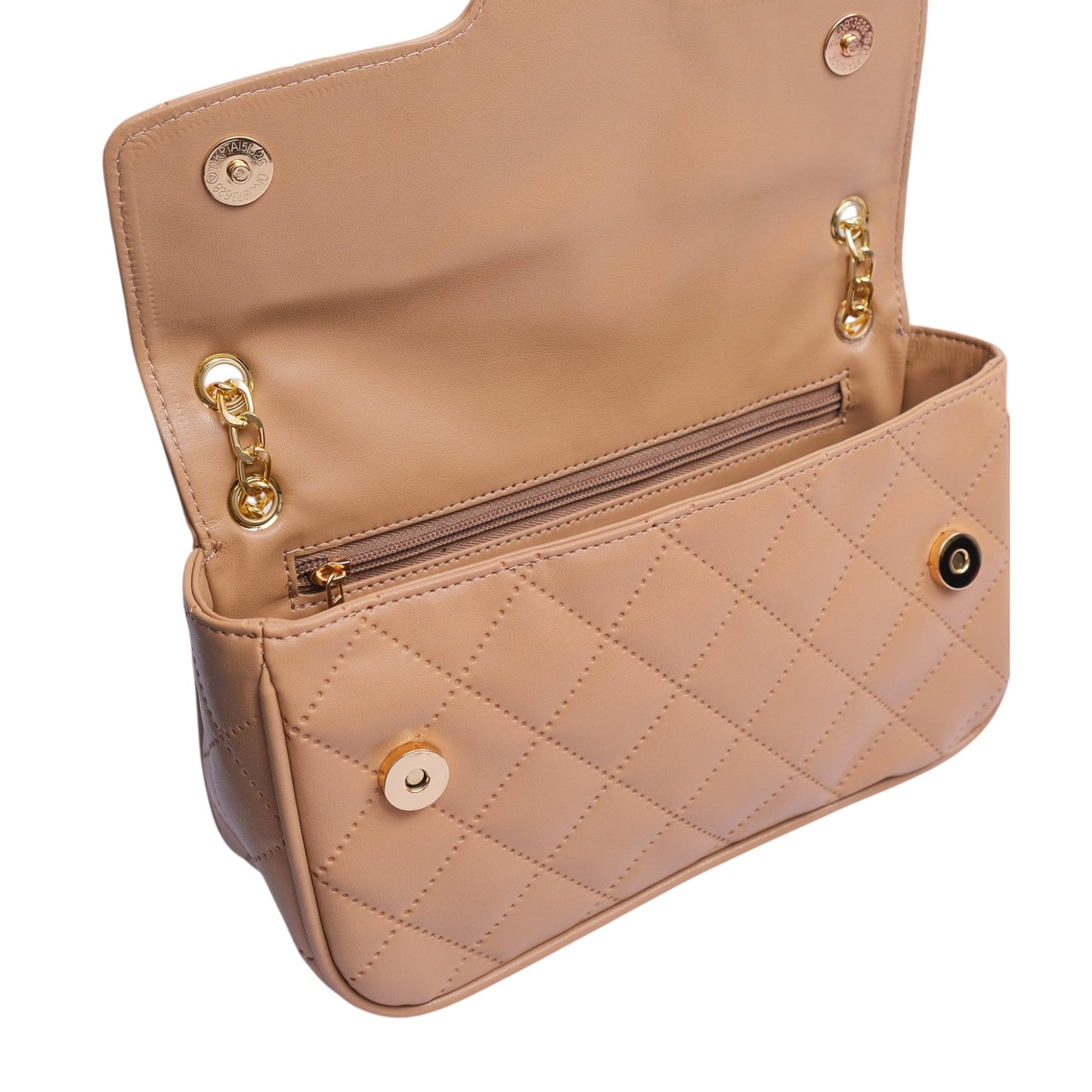 Beige Faux Leather Quilted Small Shoulder Bag With Chain
