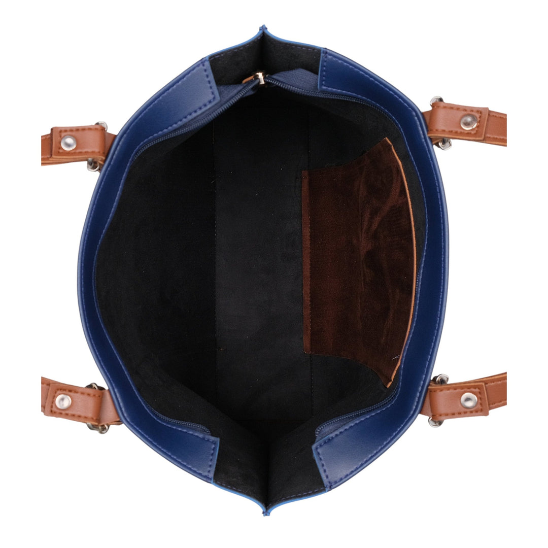 Blue Faux Leather With Brown Double-Handle Tote Bag