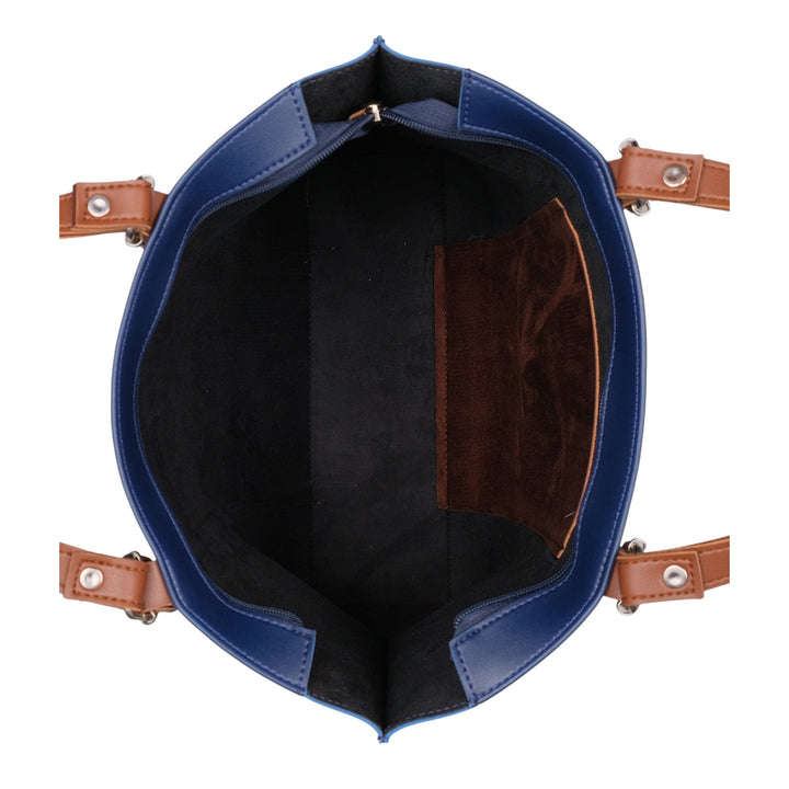 Blue Faux Leather With Brown Double-Handle Tote Bag