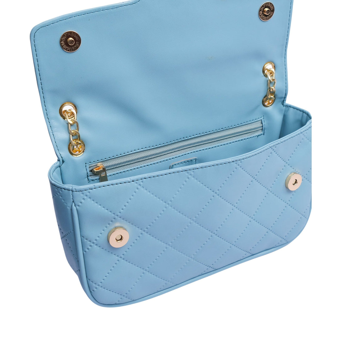 Sky Blue Faux Leather Quilted Shoulder Bag With Long Chain Handle