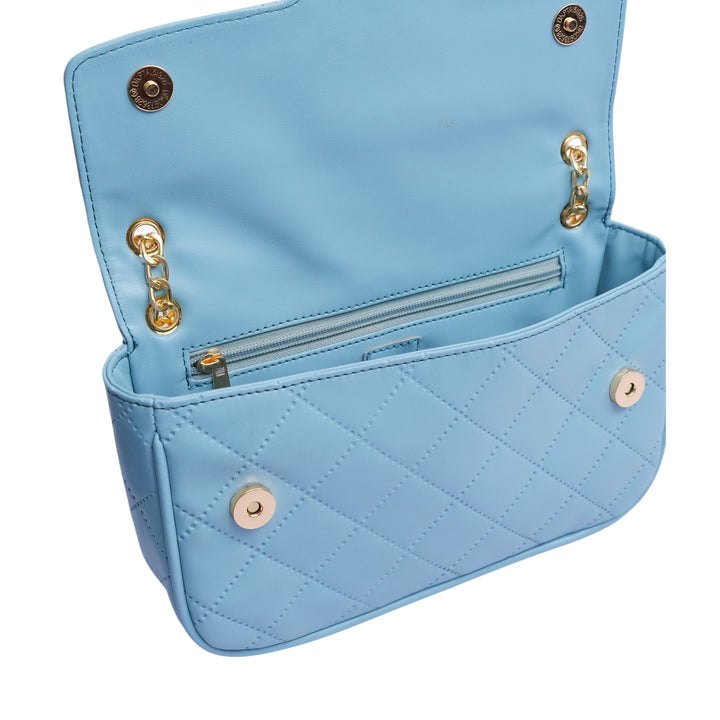 Sky Blue Faux Leather Quilted Shoulder Bag With Long Chain Handle