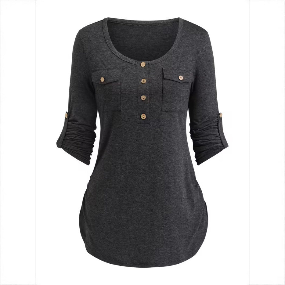 Luxe Crush Solid Color Round Neck Long Sleeve Button