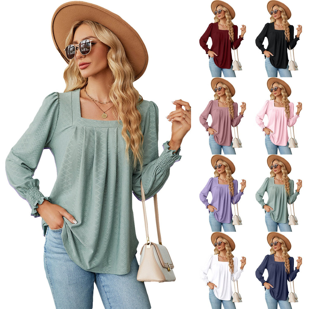 Luxe Crush Jacquard Pleated Square Collar Long Sleeve